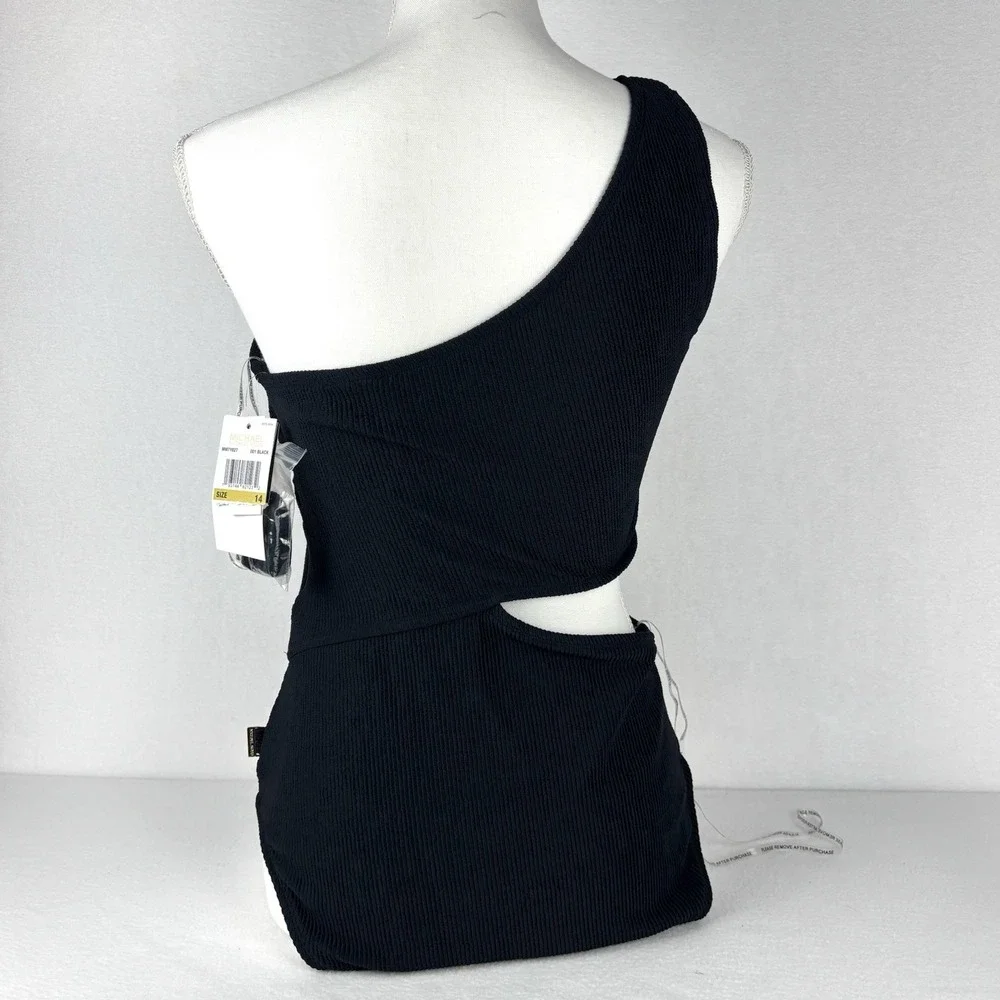 Michael Kors Black One-Shoulder Side-Cutout One-Piece Swimsuit Ribbed Texture 14